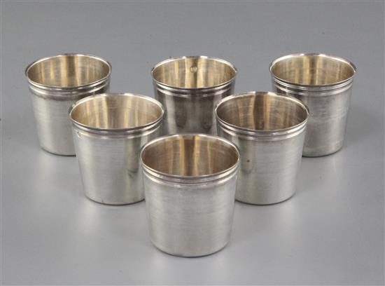 A set of six late 18th/early 19th century French 950 standard silver tots, 145 grams.